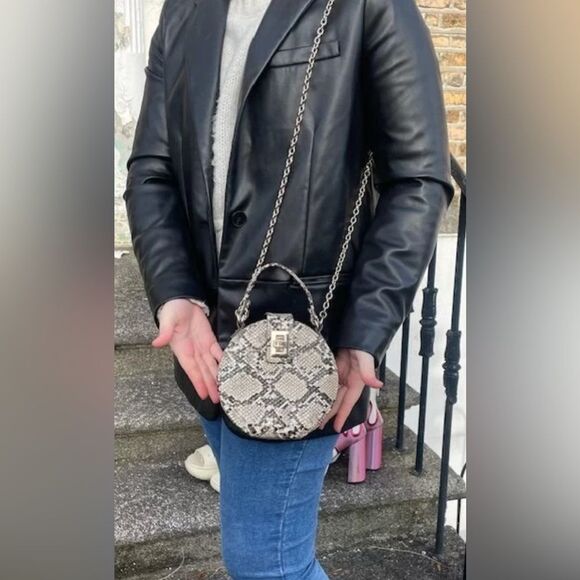 Zara Snakeskin Round Crossbody Bag Gold Chain & Handle Brown Beige Black Lined - Picture 7 of 17